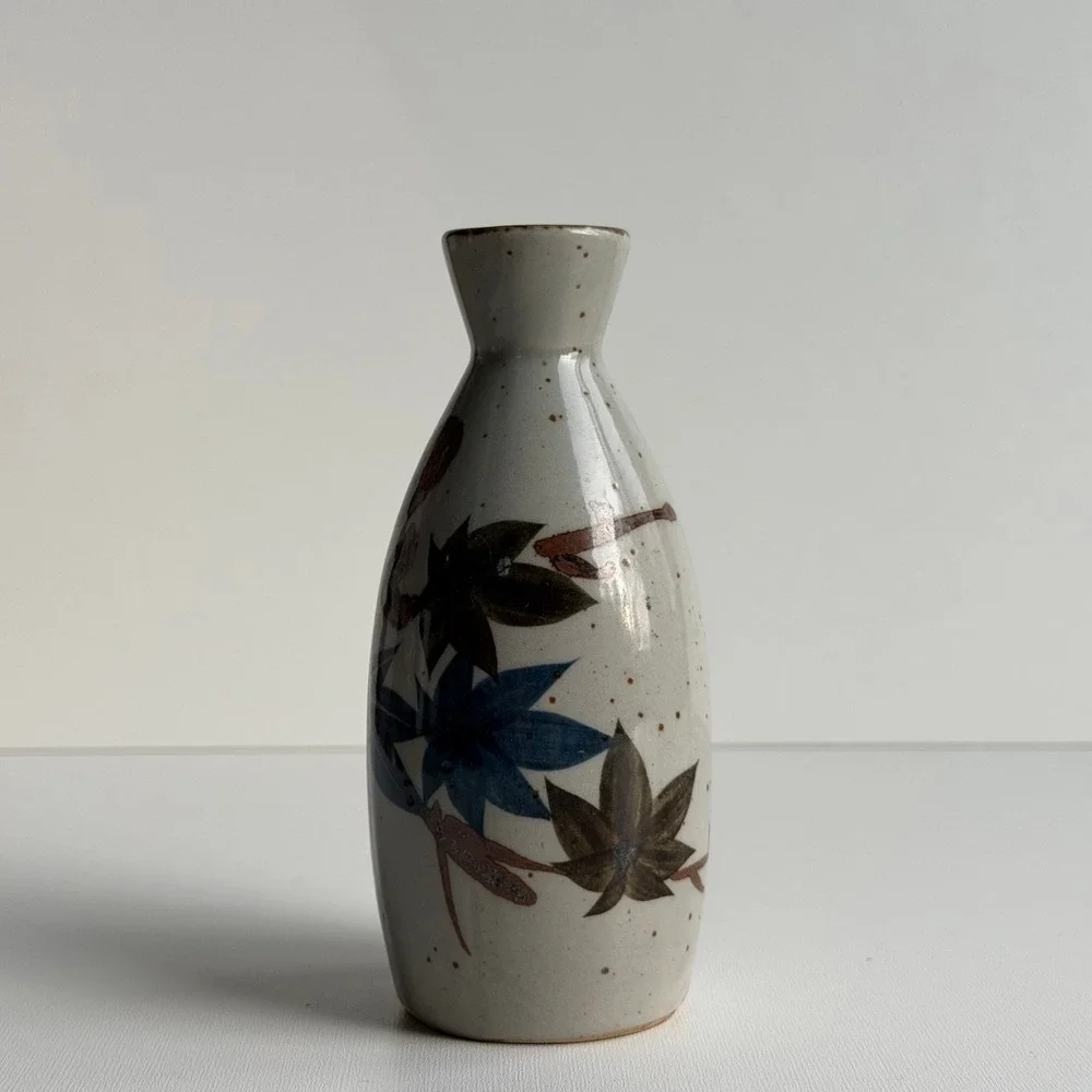 VTG Japanase Sake Bottle Vase Maple Leaf Speckle Glaze Stoneware Tokkuri Otagiri